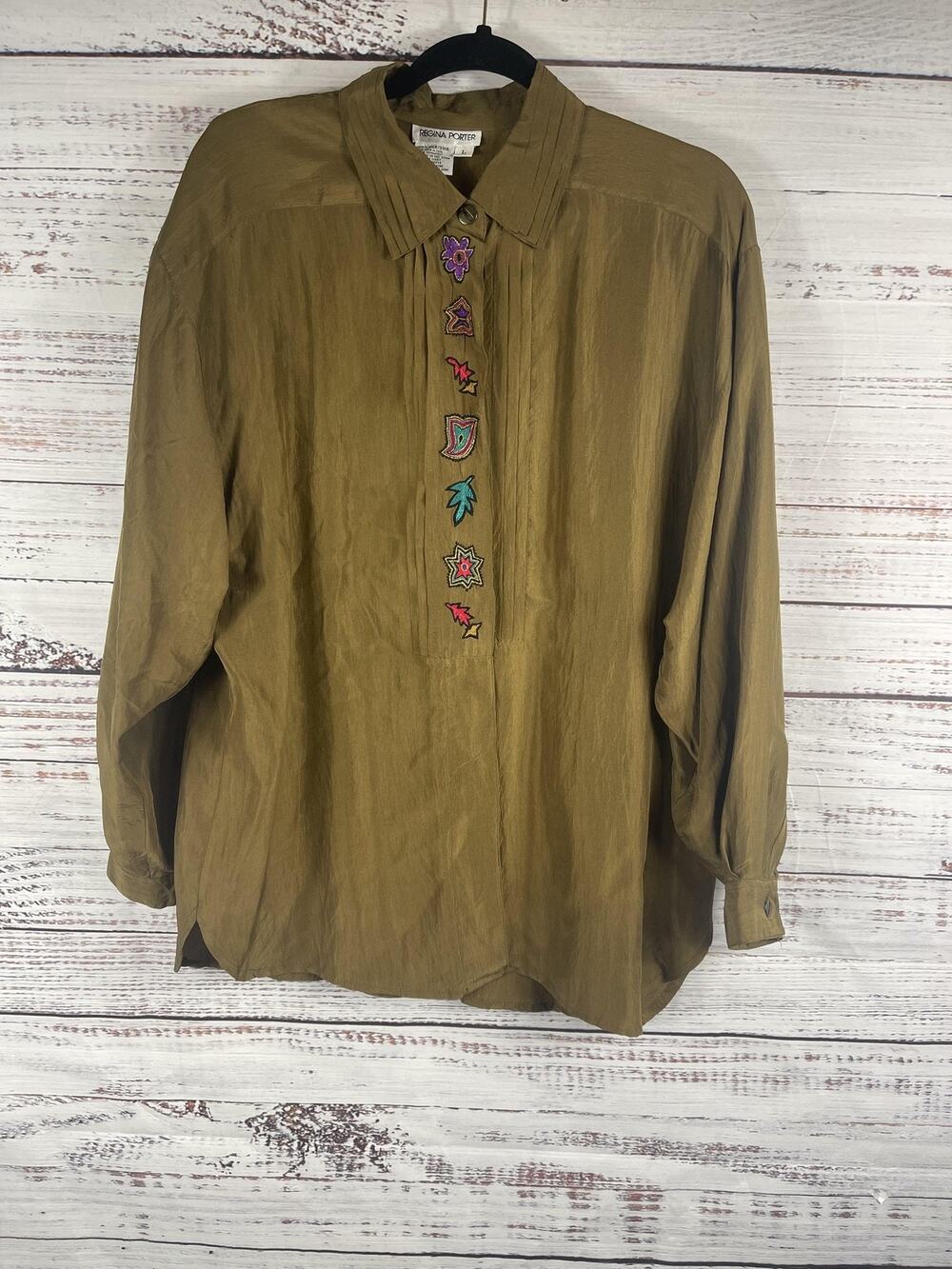 Vintage Regina Porter Shirt Womens SZ Large Olive Silk Embroidered Button Up 90s